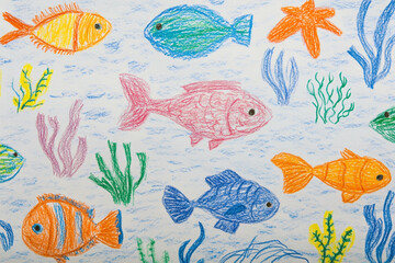 クレヨンで描いた海の生き物たち
