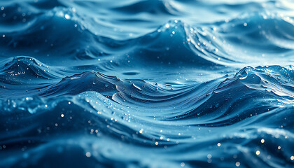 Abstract blue water background with clear ripple waves and splashing droplets