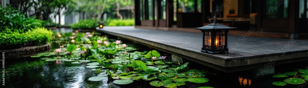 Poster tea pavilion with minimalism and rock by lantern concept. tranquil garden scene with a lantern and l