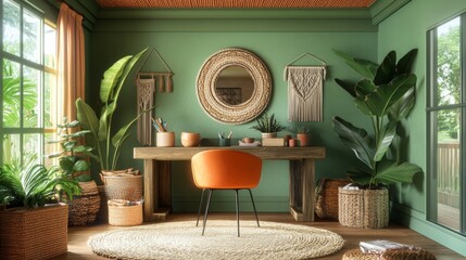 Cozy home office with green walls and terracotta ceiling, wooden desk with orange chair, surrounded by plants, woven baskets, pottery, macram hangings, large mirror, textured rug, and floor cushions