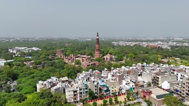 An Aerial Shot of Qutub Minar at Mehrauli, New Delhi, India
