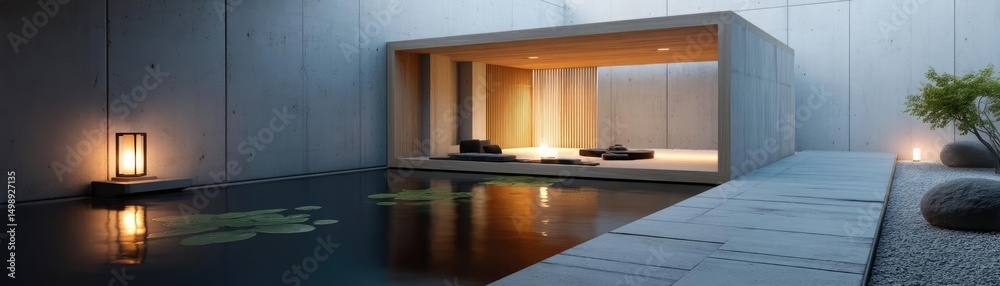 Poster Tea pavilion with minimalism and rock by lantern concept. A serene modern architecture space with calming water features.