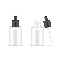 Set of realistic cosmetic dropper bottles on white background