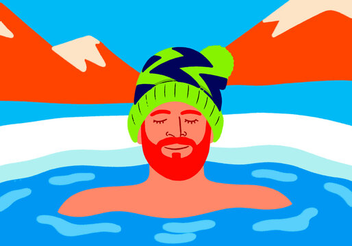 Illustration of a man relaxing in an outdoor bath with a winter hat and beard in a snowy mountain setting