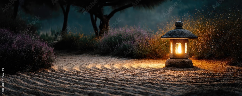Poster Raked sand patterns in tranquility with lantern and lotus concept. A serene lantern illuminating a peaceful garden at dusk.