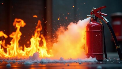 Close-up of a fire extinguisher spraying foam onto flames , heat, inferno, background