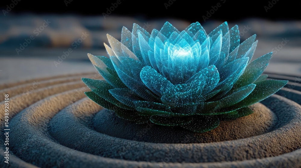 Poster Raked sand patterns in tranquility with lantern and lotus concept. A luminous lotus flower surrounded by tranquil sand patterns.