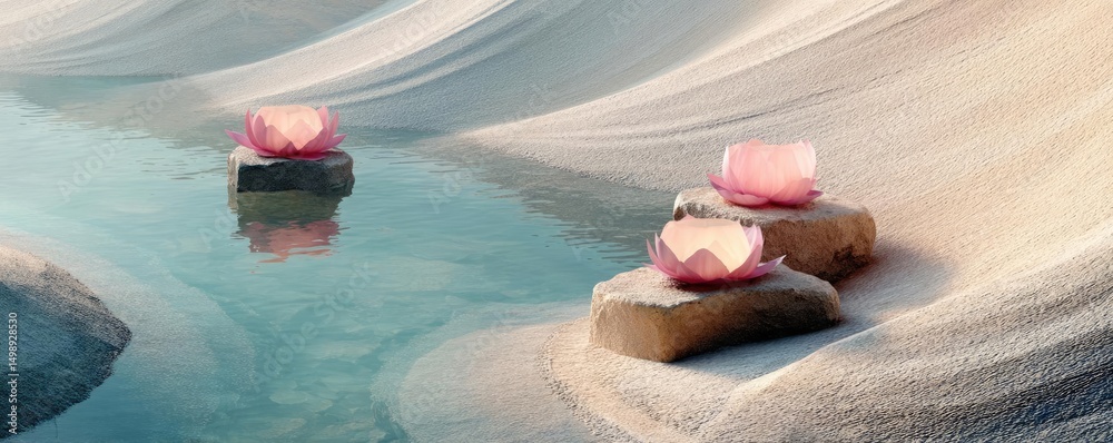 Poster raked sand patterns in tranquility with lantern and lotus concept. serene water scene featuring pink