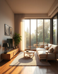 Fototapeta premium Simple Cozy Living Room with Large Windows and Sofa For Minimalist House