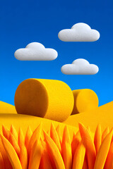 An illustration of a scene with wheat stacks in an autumn wheat field