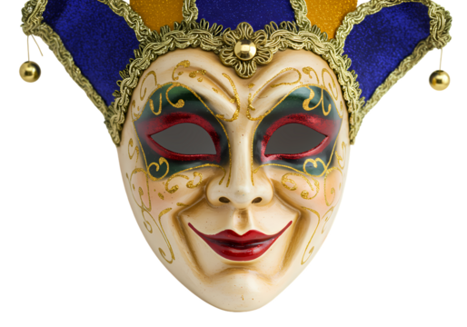 Venetian Jester Mask HandPainted Blue  Gold Carnival Mask isolated on transparent background