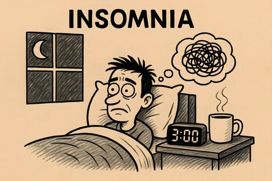 A character lies awake in bed at 3:00 AM, restless and anxious, struggling to fall asleep under a dark sky.