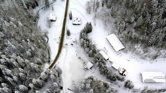 Serene winter landscape in Goc, Serbia reveals charming snow-covered cabins and enchanting forest views