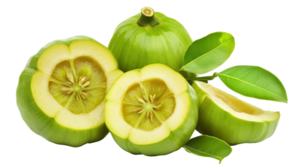 Fresh Garcinia Atroviridis Fruit Whole And Sliced On Transparent Background With Green Leaves