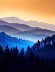 Obraz premium Serene mountain landscape at sunset with layered hills and silhouetted trees in the foreground