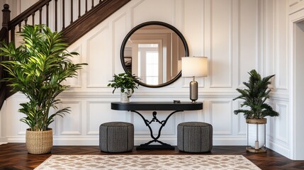 Stylish entryway with staircase and wooden railings, round black table holding lamp and decor, two plush stools, large mirror, potted plant