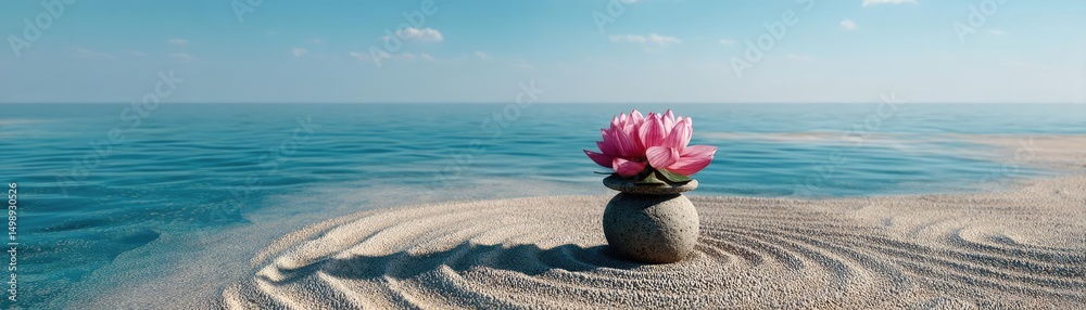 Poster raked sand patterns in tranquility with lantern and lotus concept. a serene lotus flower on sandy be
