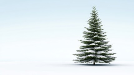 A single pine tree covered in snow stands alone in a snowy, open landscape under a clear sky.