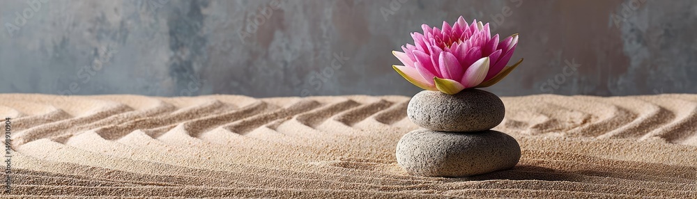 Poster raked sand patterns in tranquility with lantern and lotus concept. a serene pink lotus flower atop s