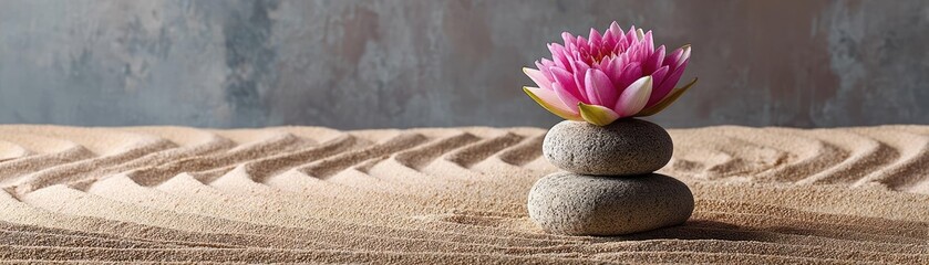 Fototapeta premium Raked sand patterns in tranquility with lantern and lotus concept. A serene pink lotus flower atop stacked stones in sand.