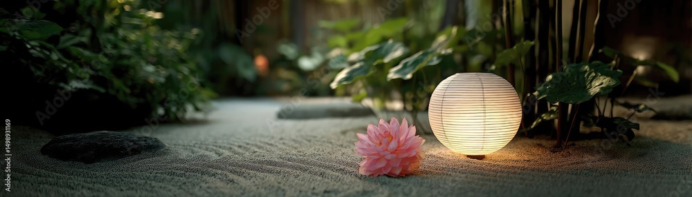 Poster Raked sand patterns in tranquility with lantern and lotus concept. Peaceful garden scene with lantern, flowers, and serene atmosphere.