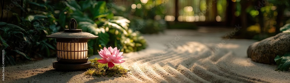 Aufkleber raked sand patterns in tranquility with lantern and lotus concept. a tranquil scene featuring a beau