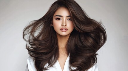 Long layered brunette hair styled in soft feathered tips