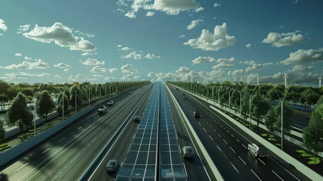 Aerial view of a highway with solar panels in the center and wind turbines on the sides under a cloudy sky