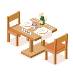 Romantic dinner setup for two. Reserved table with champagne, glasses, flowers, and cutlery on a wooden table. Plates with rolled napkins. Perfect atmosphere for a special evening.