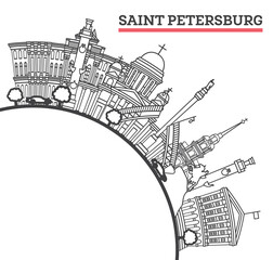 Outline Saint Petersburg Russia City Skyline with Historic Buildings and copy space Isolated on White. Illustration. Saint Petersburg Cityscape with Landmarks.