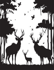 Deer in Forest Scene – Wildlife Silhouette Vector Silhouette vector of deer in forest with trees and birds. Clean wildlife scene, flat minimal style. EPS format included. © Alomgir