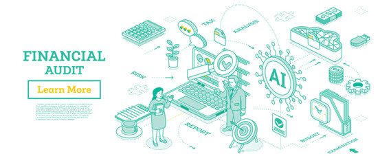 Financial audit and business analysis with the integration of AI technology. Businesswoman holding a documents. Businessman stand near laptop. Icons for tax, risk, budget.
