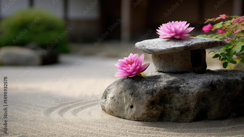 Poster raked sand patterns in tranquility with lantern and lotus concept. a serene stone with pink flowers 