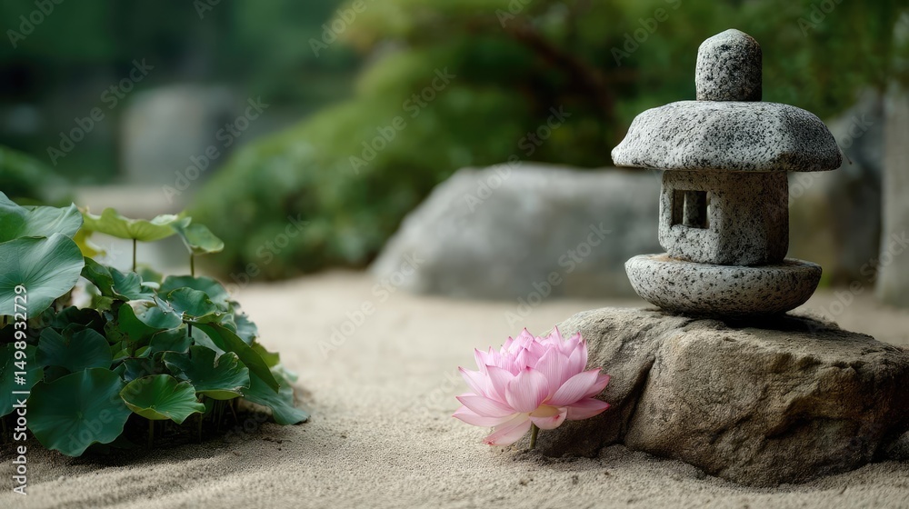 Poster Raked sand patterns in tranquility with lantern and lotus concept. A serene stone lantern beside a pink flower in peaceful sand.