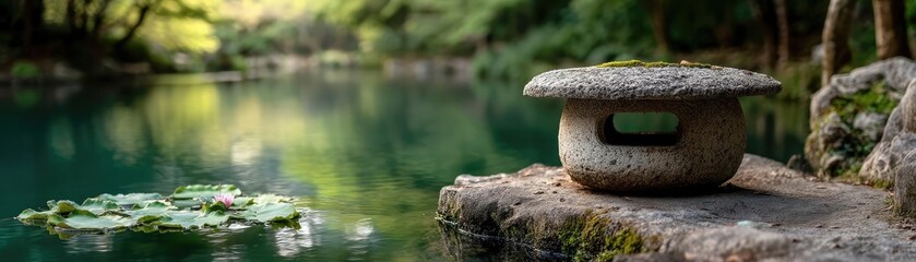 Stone lantern in harmony with peaceful lotus pond concept. Tranquil stone lantern by a serene lake surrounded by greenery.