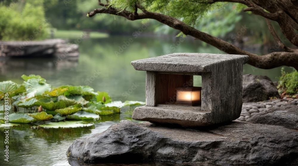 Poster tea pavilion with minimalism and rock by lantern concept. a serene stone lantern by a tranquil pond 