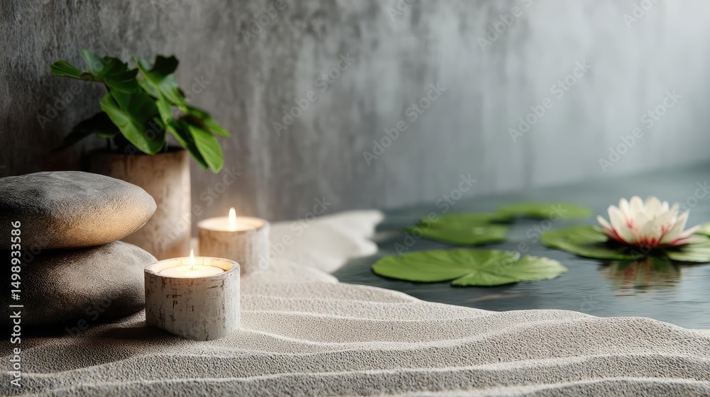 Aufkleber raked sand patterns in tranquility with lantern and lotus concept. relaxing scene with candles, ston