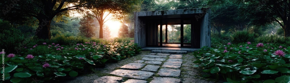 Poster tea pavilion with minimalism and rock by lantern concept. a serene pathway leads to a modern structu