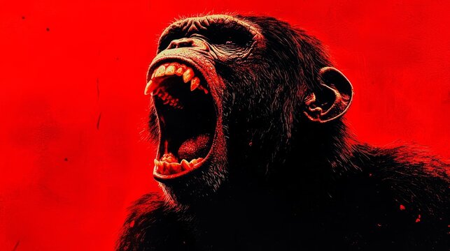 Striking image of a baboon baring its teeth in a dramatic red setting.