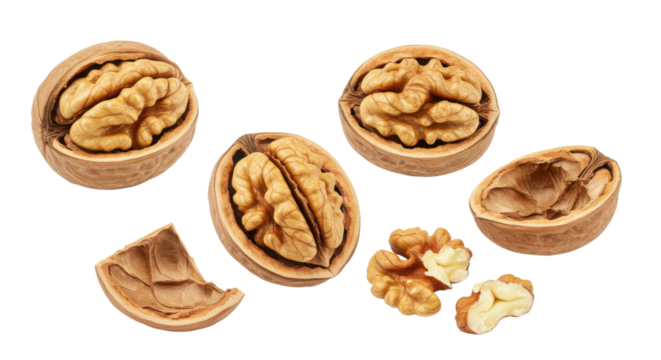Walnuts assortment with whole and broken nuts isolated PNG with Transparent Background
