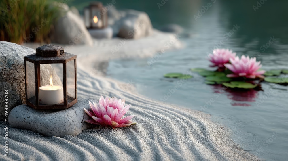Poster raked sand patterns in tranquility with lantern and lotus concept. tranquil water scene with lantern