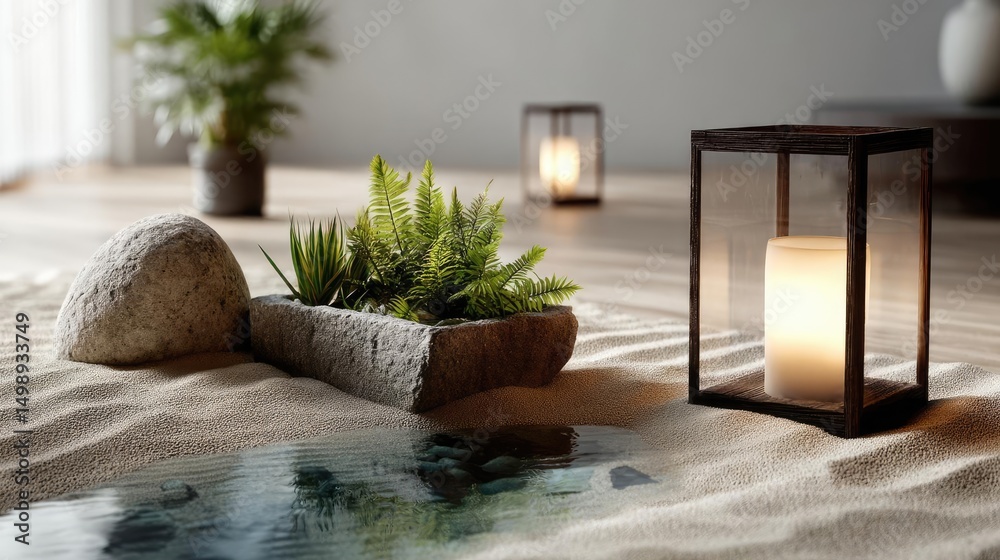 Poster Raked sand patterns in tranquility with lantern and lotus concept. Tranquil indoor setting with candles, plants and soft sand.