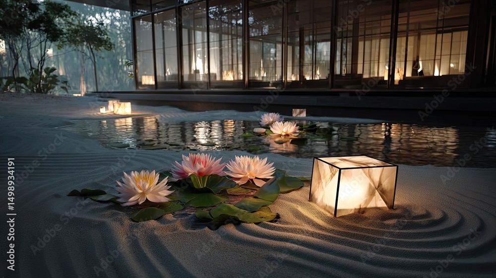 Poster Raked sand patterns in tranquility with lantern and lotus concept. Serene scene with floating flowers and lanterns by a tranquil pond.