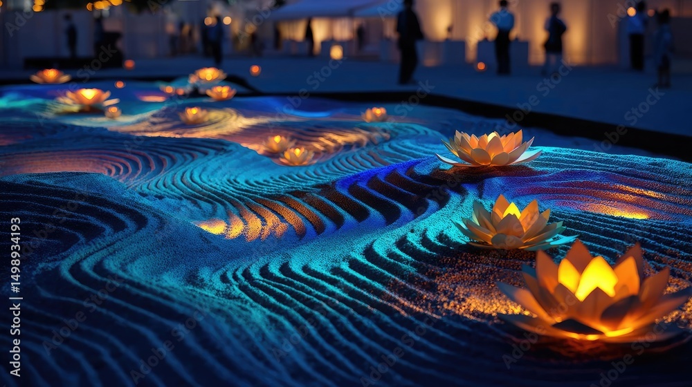 Poster Raked sand patterns in tranquility with lantern and lotus concept. Illuminated lotus flowers floating in tranquil blue water.