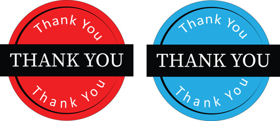 Round Thank You Badge Labels in Red and Blue with Bold Black Ribbon Banner