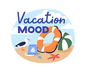 Summer beach, tropical vacation mood sticker. Seagull, toys, ball and lifebuoy on sand coast, sea resort. Holiday vibe, seaside leisure time. Flat vector illustration isolated on white background