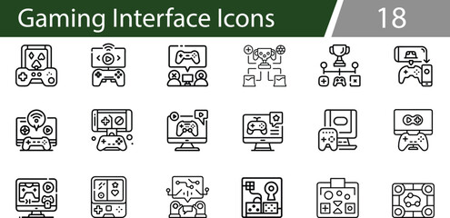 18 Gaming Interface Icons. Online Multiplayer, Console, Mobile Gamepad, Streaming, UI Elements, Virtual Trophies, Leaderboards, and Game Controllers. Vector illustration
