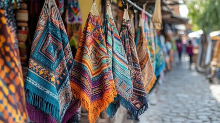 Intricate textile art at marketplace: vibrant, handcrafted patterns on display