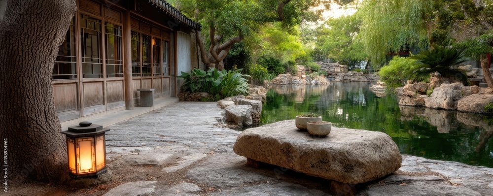 Poster tea pavilion with minimalism and rock by lantern concept. a tranquil garden scene featuring a serene