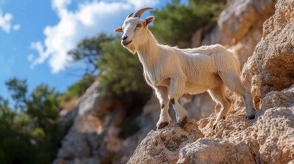 A poised mountain goat surveying its rocky domain with serene confidence on a sunny day standing near lush green trees